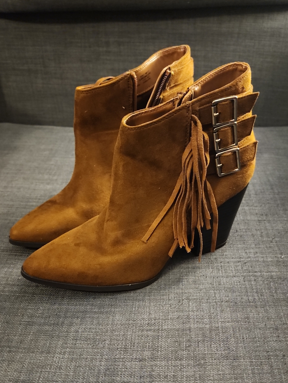 Jennifer Lopez Brown Suede Fringe Ankle Boots with Buckles